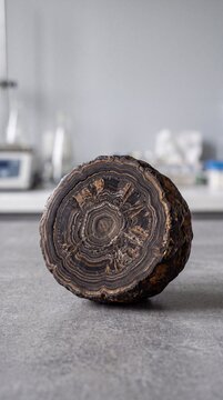 Vertical close up of a cross-sectioned polymetallic nodule in a laboratory. Geological specimen showing concentric layers. Deep sea mining research concept