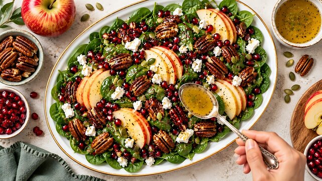 Festive holiday salad with pecans cranberries and goat cheese on