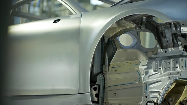 View of the metallic car body frame during the assembly process at Auto Industriale Bergamasca S.p.A. in Dalmine, Lombardia, Italy.