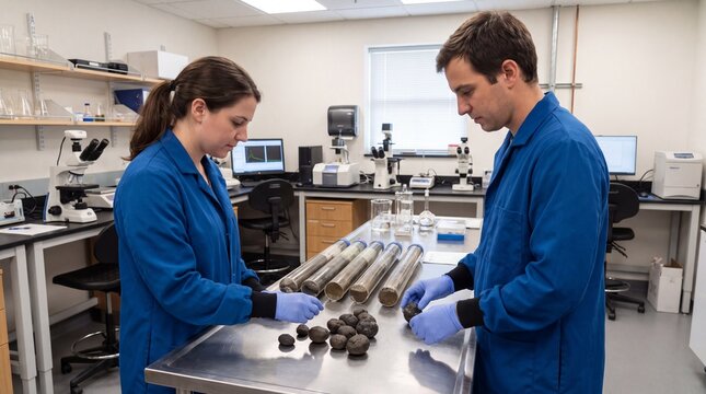 Marine scientists analyzing polymetallic nodules and ocean sediment core samples in laboratory. Geologists examining seabed mineral resources in research facility