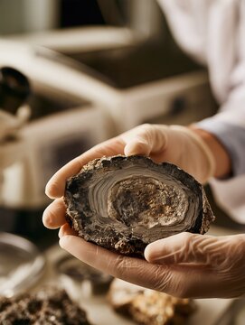 Geologist holding cross section of deep sea manganese nodule in laboratory. Vertical close up of polymetallic mineral sample