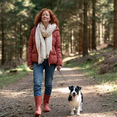 Fototapeta premium Woman walking black and white dog on woodland path in autumn for outdoor background and poster design