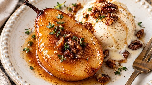 Caramelized pear dessert with nuts on white plate for holiday dining