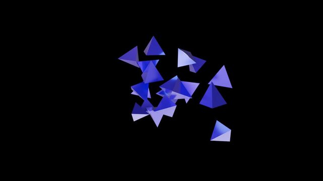 3D Blue Crystal Assembling from Floating Pyramids on Black Background