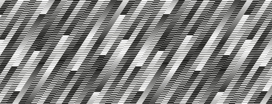 Abstract monochrome geometric background with horizontal lines. Optical illusion diagonal glitch pattern. Black and white linear halftone vector banner.