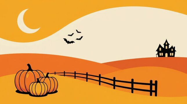Halloween landscape with pumpkins fence and haunted house at night
