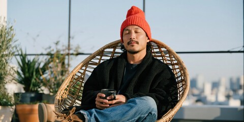 Fototapeta premium Relaxed man in red beanie and black coat seated in wicker hanging chair on rooftop with coffee for urban lifestyle background and morning wellness poster