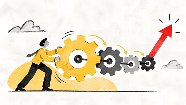 People working with interconnected gears, representing teamwork, coordinated business processes and operational efficiency in a textured yellow and black illustration.