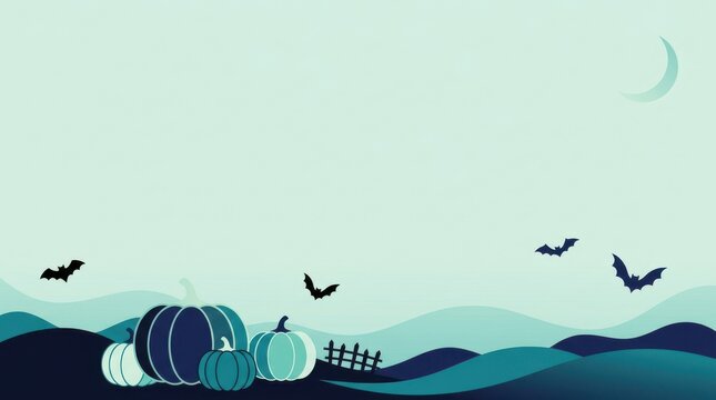 Halloween pumpkins and bats in a spooky night landscape illustration