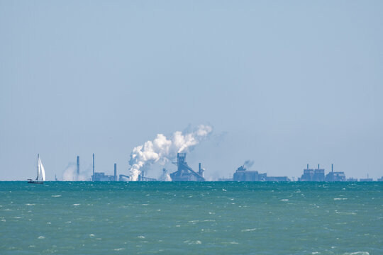Industrial steel mill along Lake Michigan, viewed from Chicago lakefront. U.S. Steel Gary Indiana, IN, USA, U.S.A.