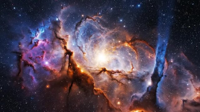 Deep space nebula with glowing cosmic dust and bright stars, vibrant intergalactic galaxy explosion background, outer space universe footage
