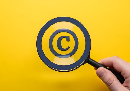 Hand holding magnifying glass over copyright symbol icon on vibrant yellow background for intellectual propert