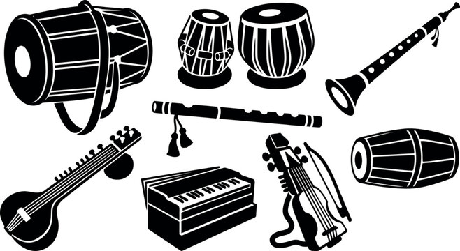 Traditional Indian musical instruments set featuring tabla, sitar, dholak, and flute in black silhouette vector illustration