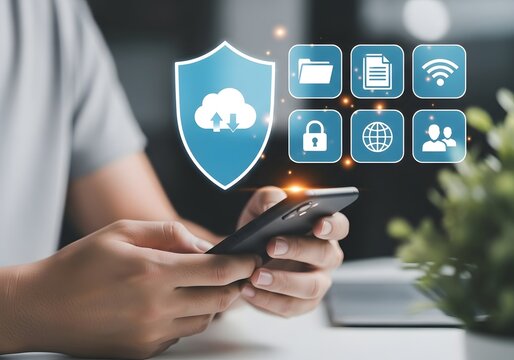 Person using smartphone with cloud storage and security interface icons floating on display