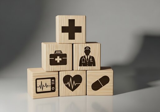 Pyramid stack of wooden blocks with medical cross healthcare doctor heart monitor and pill icons