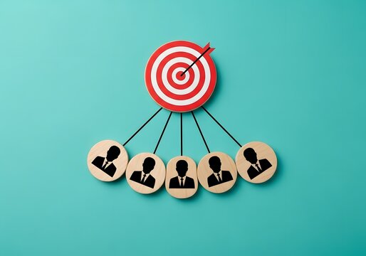 Target arrow dartboard connected to wooden discs with silhouette icons representing team management strategy