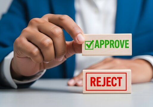 Business person holding wooden block with approve text and green checkmark above reject block