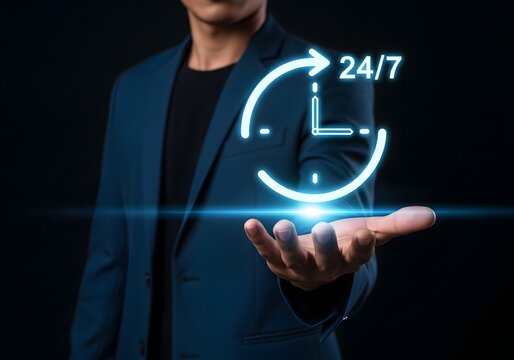 Businessman holding glowing twenty four seven service icon representing round the clock customer support