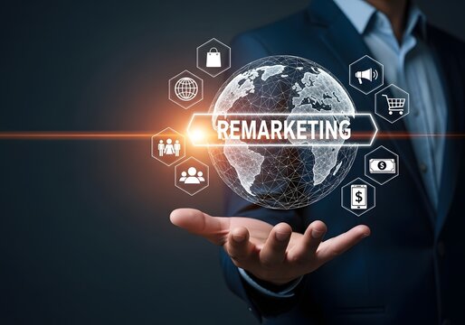 Businessman holding glowing digital globe with remarketing text and business icons in hand