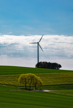View of a wind turbine standing in a rural landscape with green fields, a yellow rapeseed field, and a small grove of trees under a blue sky in Kelberg, Rhineland-Palatinate, Germany.