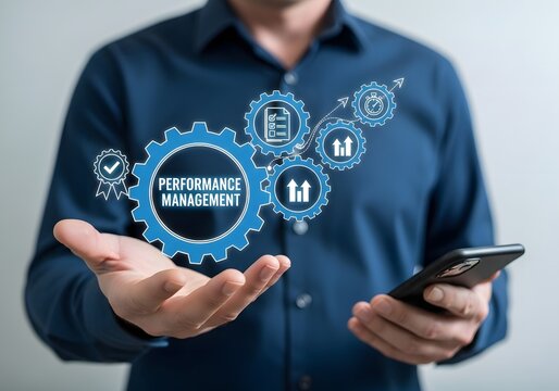 Businessman holding hands with performance management blue glowing gear cogs icons information network