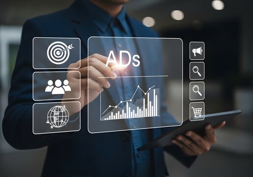 Businessman touching digital ads screen interface while holding a tablet in corporate office setting