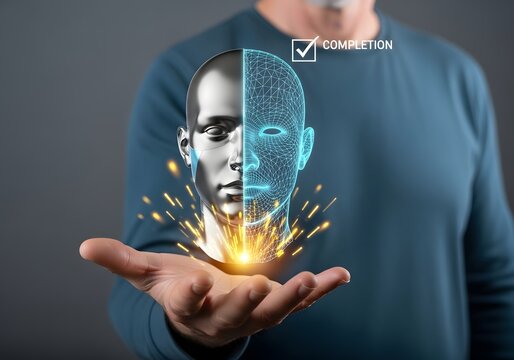 Man holding a glowing artificial intelligence face hologram in his hand symbolizing data technology
