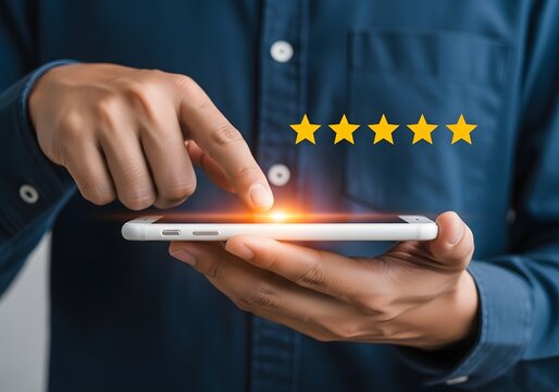 Person hand touching smartphone screen with five gold stars rating display above device