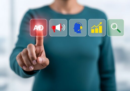 Person touching digital advertising and marketing strategy icons on a virtual touch screen interface