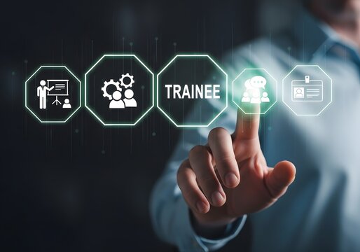 Person touching virtual training button on holographic interface with corporate icons in office