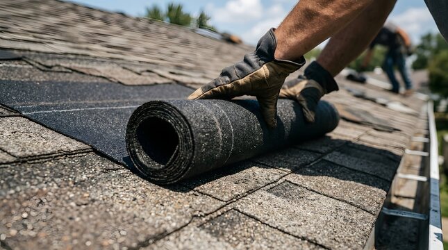 Roofer unrolling dark roofing felt on residential shingles for home