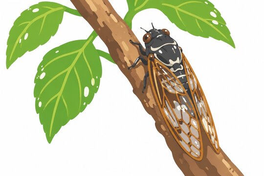 緑の葉が茂る枝にとまる迫力あるクマゼミの夏を感じさせるイラスト