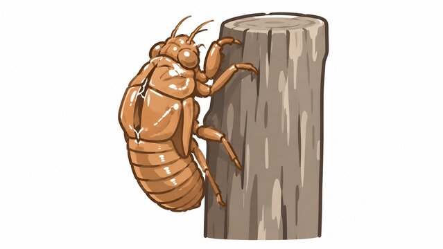 夏の終わりを感じさせる木の切り株に付着したセミの抜け殻のイラスト