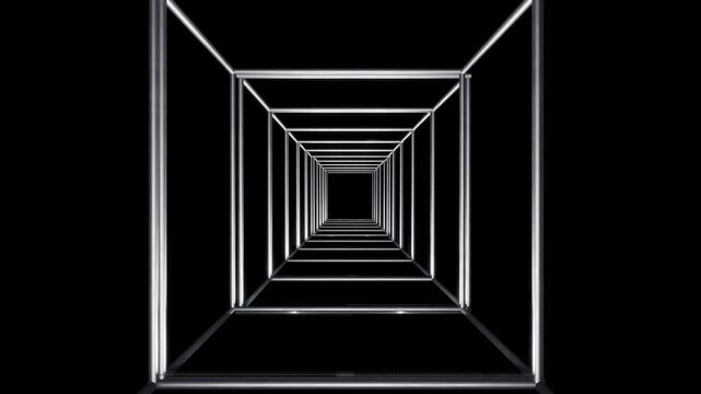 Diving Into a Silver Wireframe Square Tunnel Toward a Vanishing Point
