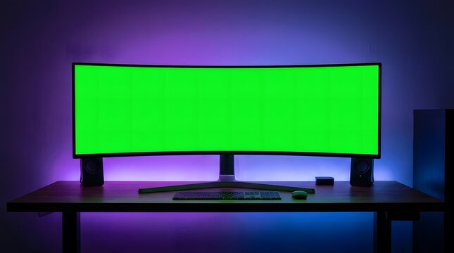 Ultrawide computer monitor with a blank green screen placed on a desk in a dark room with neon lighting