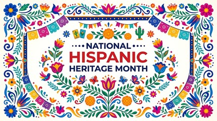 Fototapeta premium National Hispanic Heritage Month Celebration Banner with Traditional Mexican Folk Art Floral Pattern