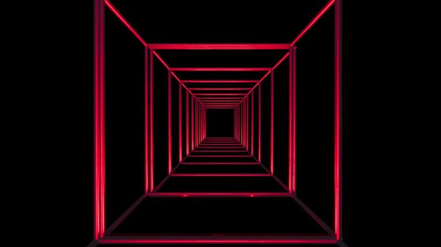 Zooming Into a Red Neon Square Portal Spiraling Toward Infinity