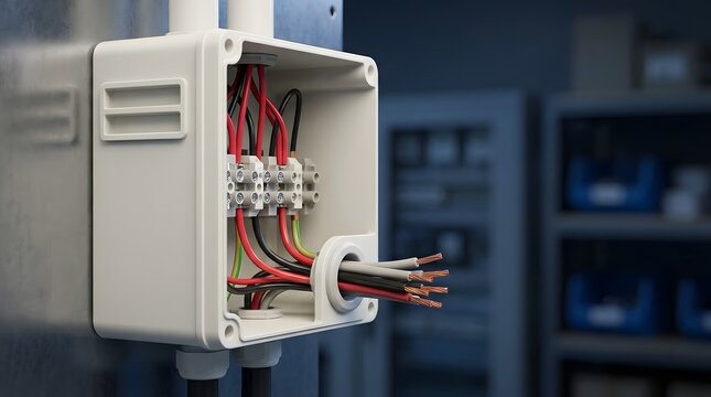 Open electrical junction box showing internal wiring and terminal blocks inside a modern industrial facility workshop setting