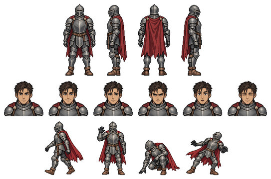 Pixel style dark fantasy armored knight character with direction views portraits and static poses isolated on transparent background