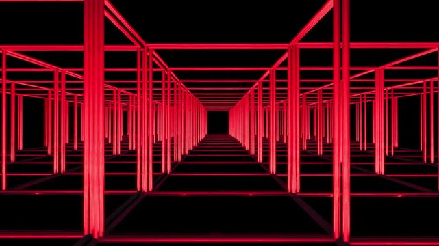 Speeding Through a Crimson-Lit Corridor of Towering Light Columns