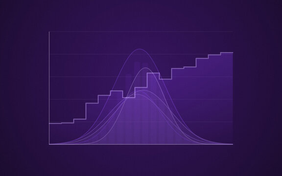 Combined normal distribution curves and step graph in purple tones for complex data analysis scenarios.