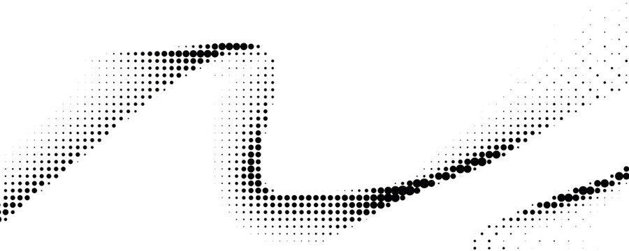 Black halftone wave background. Dotted curved flow wallpaper. Abstract textured grainy fluid backdrop. Vector grit pop art swoosh element for poster, banner, overlay, card, brochure, flyer, leaflet