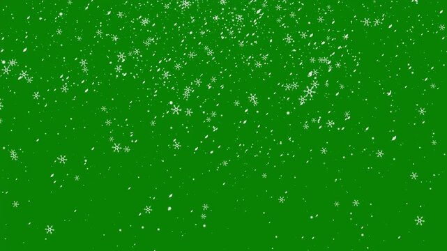 White snow overlay layer snow falling isolated, snow flakes slowly falling densely against green background. Realistic snow fall seamless loop animation. slowly falling snow effect 4k.