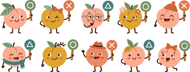 Fototapeta premium Cute Kawaii Peach Cartoon Character Set Holding True False Right and Wrong Signs with Cross Circle and Triangle Symbols for Kids Quiz Educational Designs