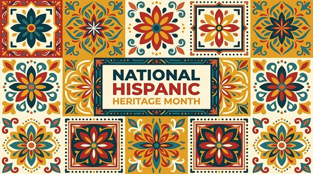 Vibrant National Hispanic Heritage Month Background with Traditional Ornamental Floral Mosaic Designs