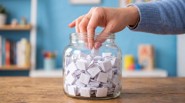 Hand picking a paper slip from a jar filled with many slips.