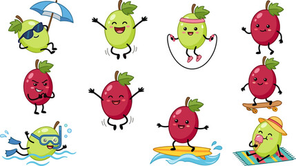 Obraz premium Cute Kawaii Fruit Cartoon Character Set Doing Various Sports and Summer Activities Like Surfing Swimming Skateboarding and Fitness for Kids Designs and Stickers