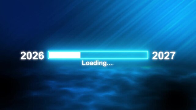 2027 Glowing Blue Neon Announcement with Numbers text typography. Loading bar from 2026 to 2027 new year transfer animation. Welcoming the Happy New Year 2027. 