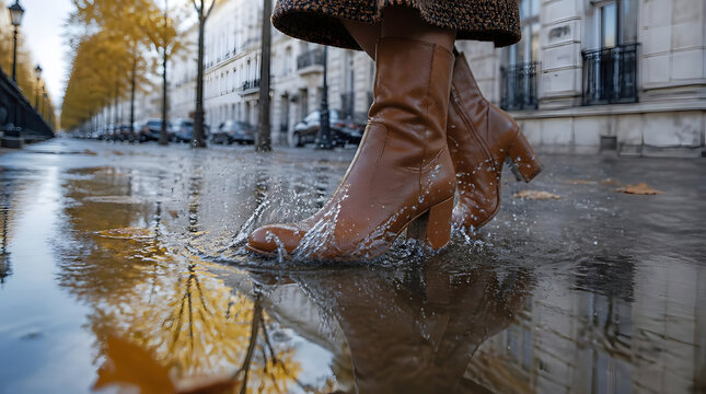 Cognac leather ankle boots stepping on water urban street puddle ripples splashes cityscape buildings