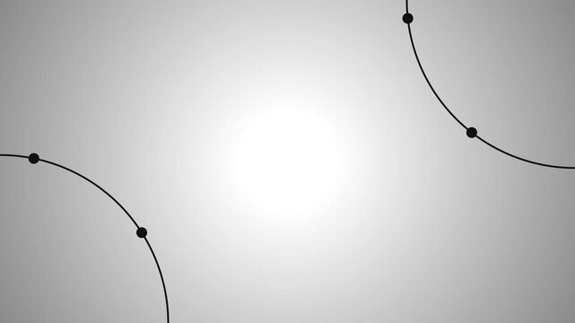 A minimalist abstract background with thick circular paths and multiple evenly spaced large rotating dots in opposing corners, looping continuously.